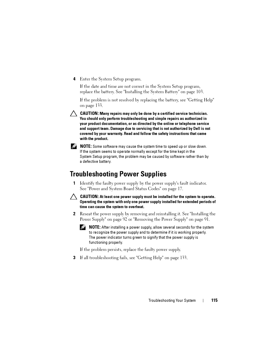 Dell C2100 owner manual Troubleshooting Power Supplies, 115 