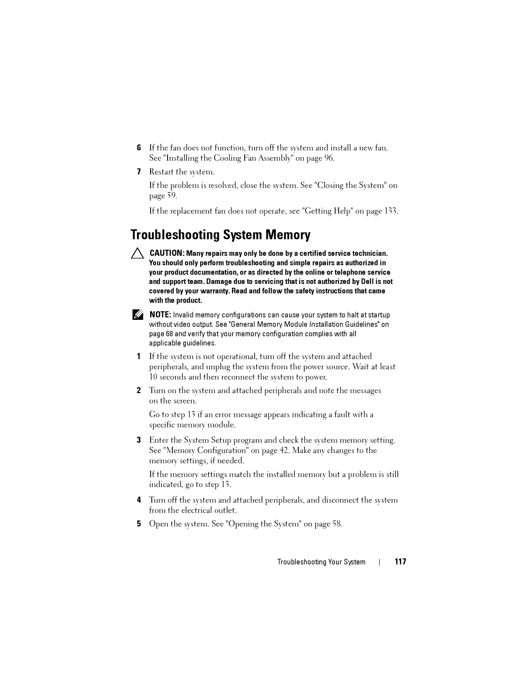 Dell C2100 owner manual Troubleshooting System Memory, 117 