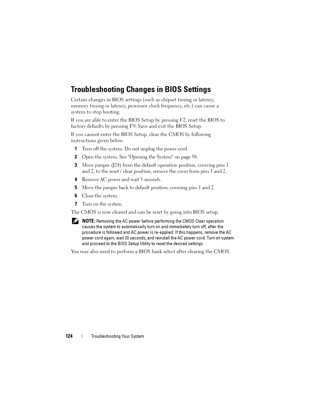 Dell C2100 owner manual Troubleshooting Changes in Bios Settings, 124 