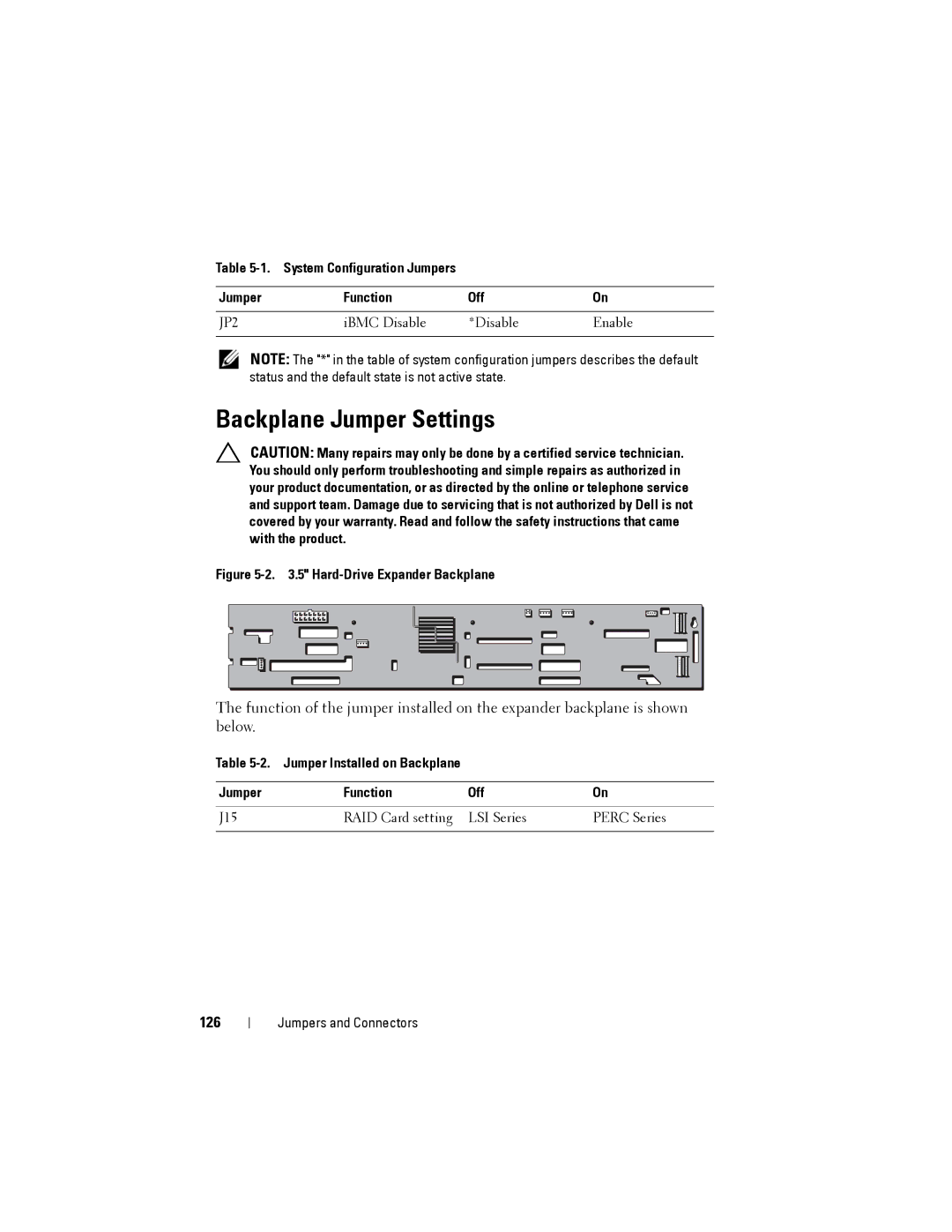 Dell C2100 owner manual Backplane Jumper Settings, 126, Jumper Installed on Backplane Function Off 