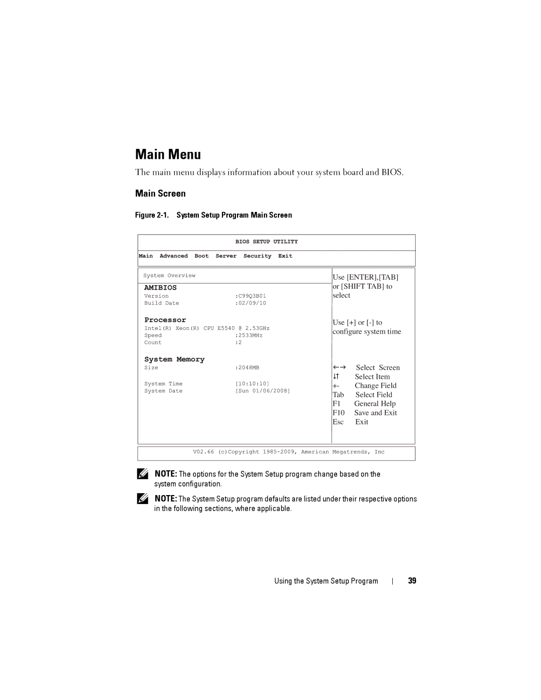 Dell C2100 owner manual Main Menu, Main Screen 