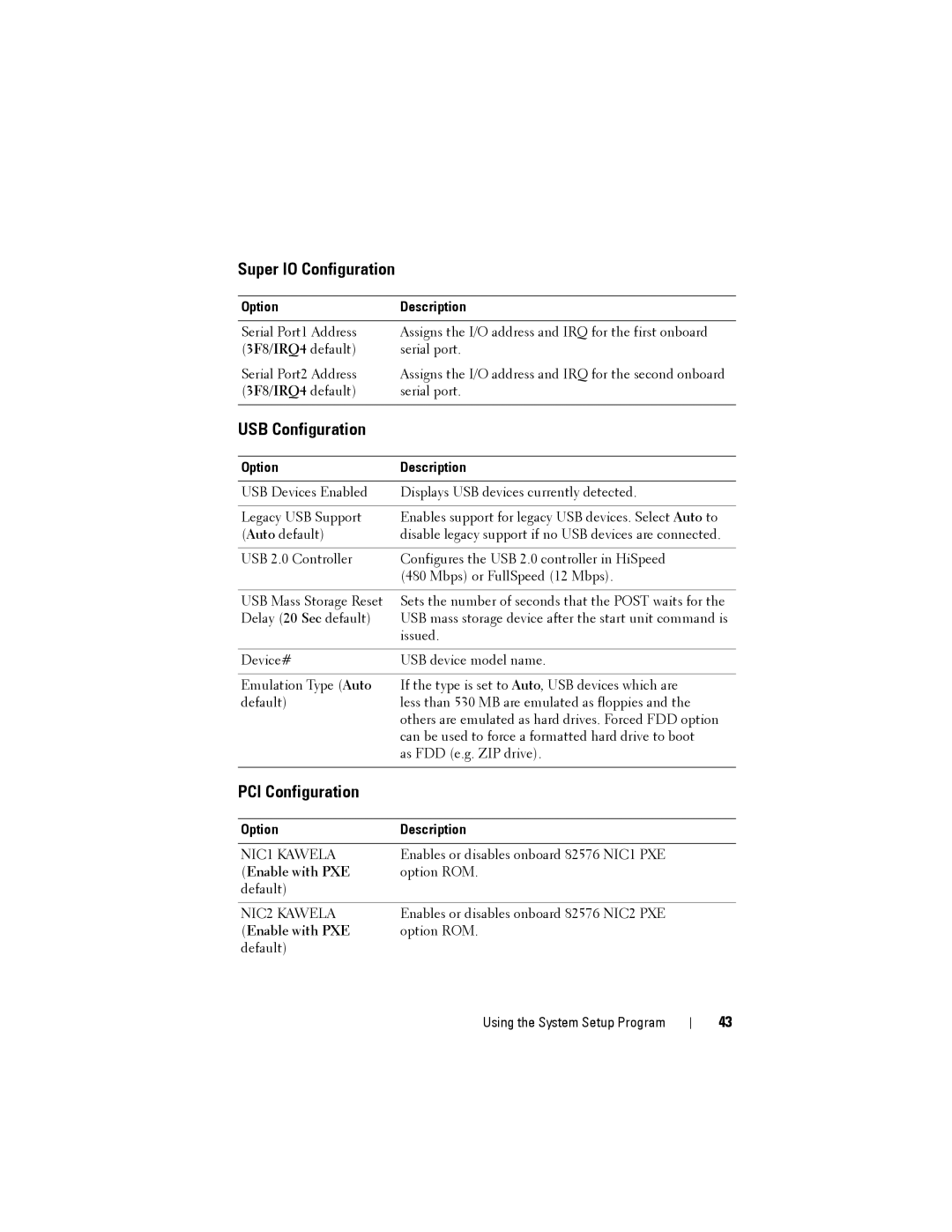 Dell C2100 owner manual Super IO Configuration, USB Configuration, PCI Configuration 