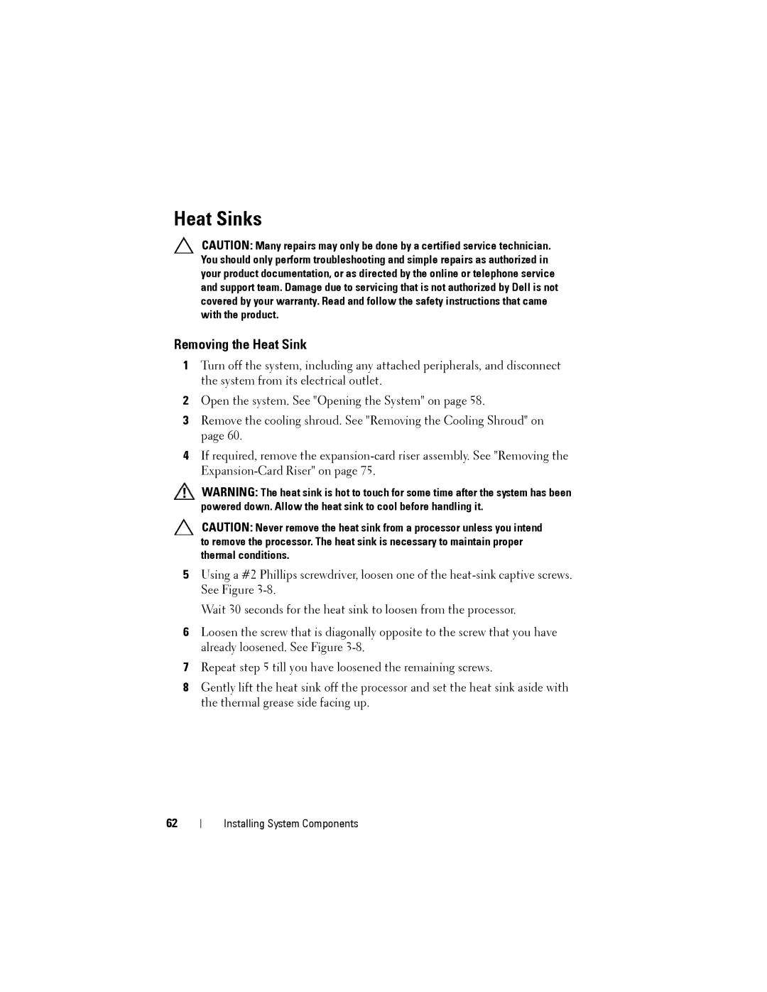 Dell C2100 owner manual Heat Sinks, Removing the Heat Sink 