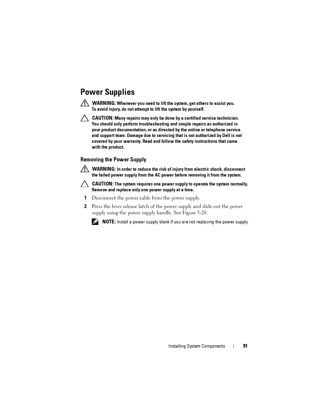 Dell C2100 owner manual Power Supplies, Removing the Power Supply 