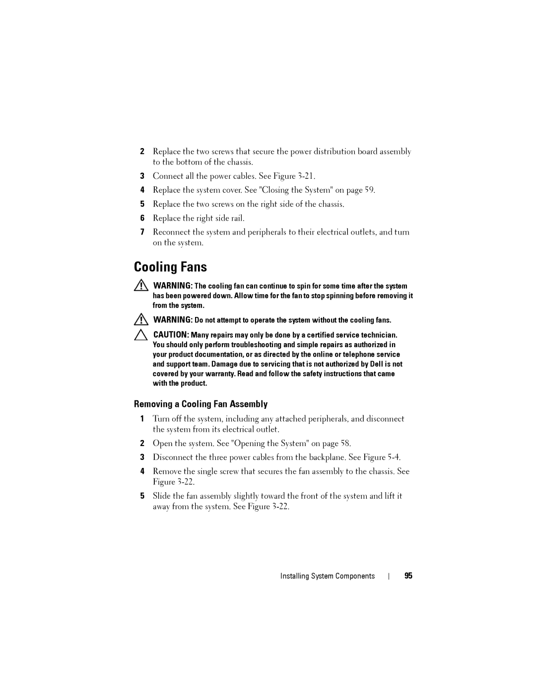 Dell C2100 owner manual Cooling Fans, Removing a Cooling Fan Assembly 