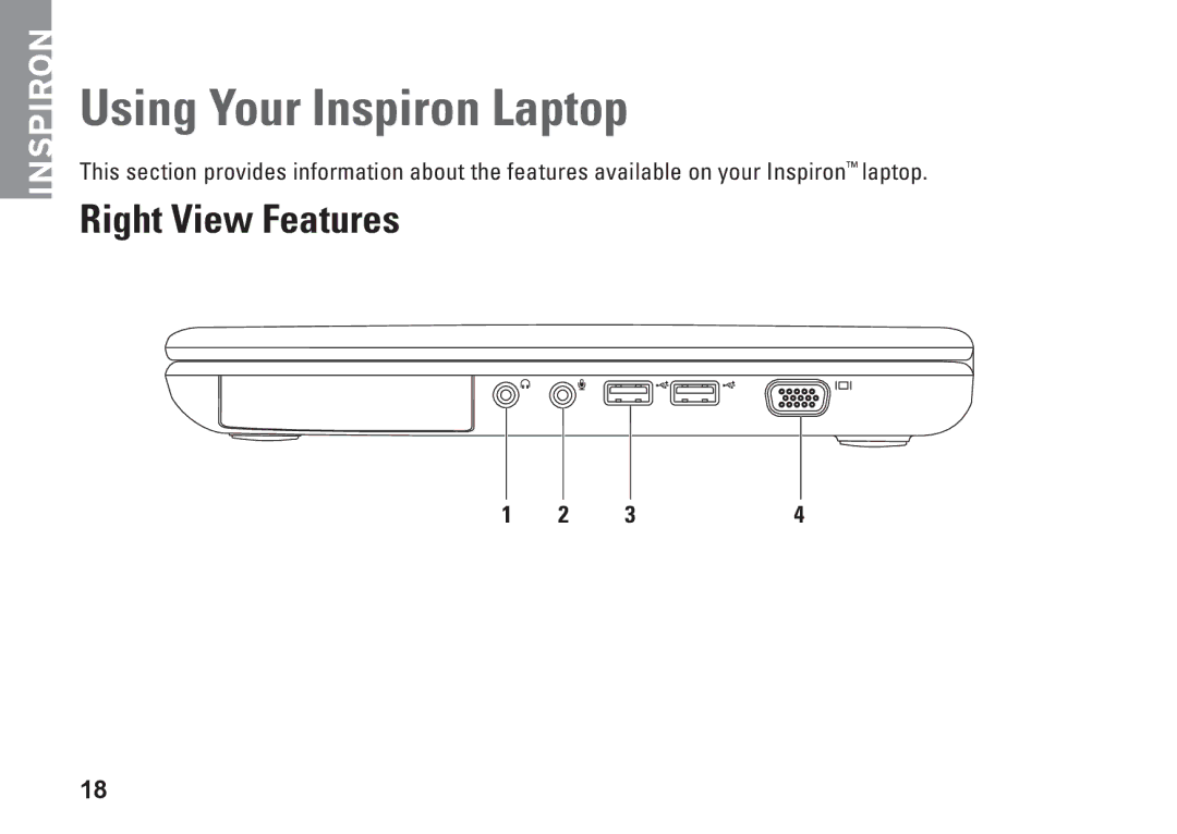 Dell C3W6D, P07G002, P07G series, M4010 setup guide Using Your Inspiron Laptop, Right View Features 