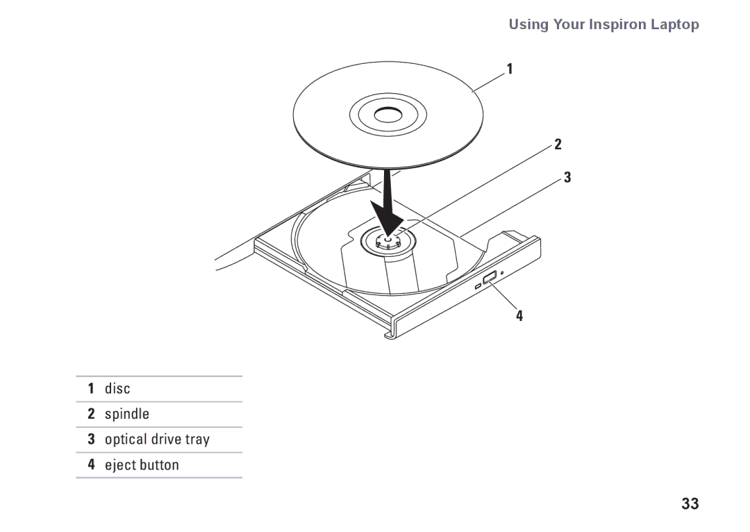 Dell M4010, C3W6D, P07G002, P07G series setup guide Disc Spindle Optical drive tray Eject button 