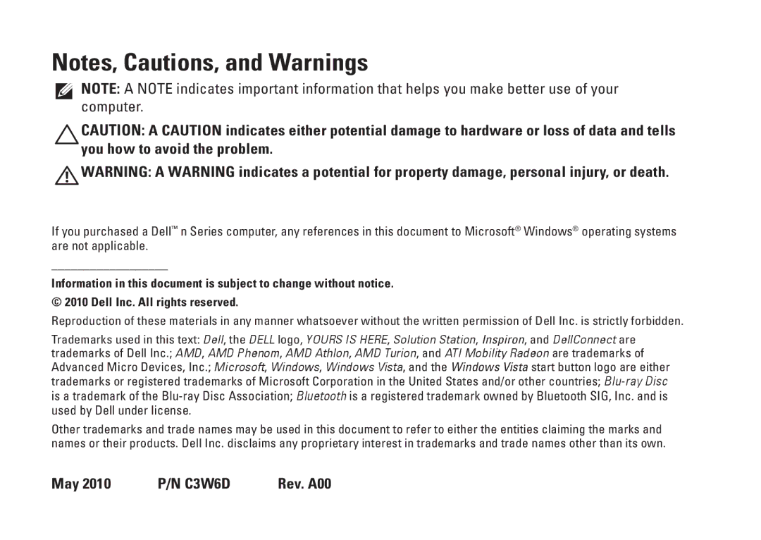 Dell P07G002, P07G series, M4010 setup guide May 2010 P/N C3W6D Rev. A00 