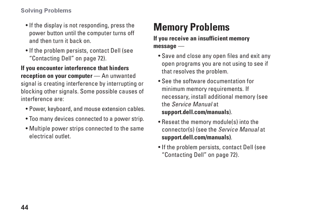 Dell P07G series, C3W6D, P07G002, M4010 setup guide Memory Problems, If you receive an insufficient memory message 