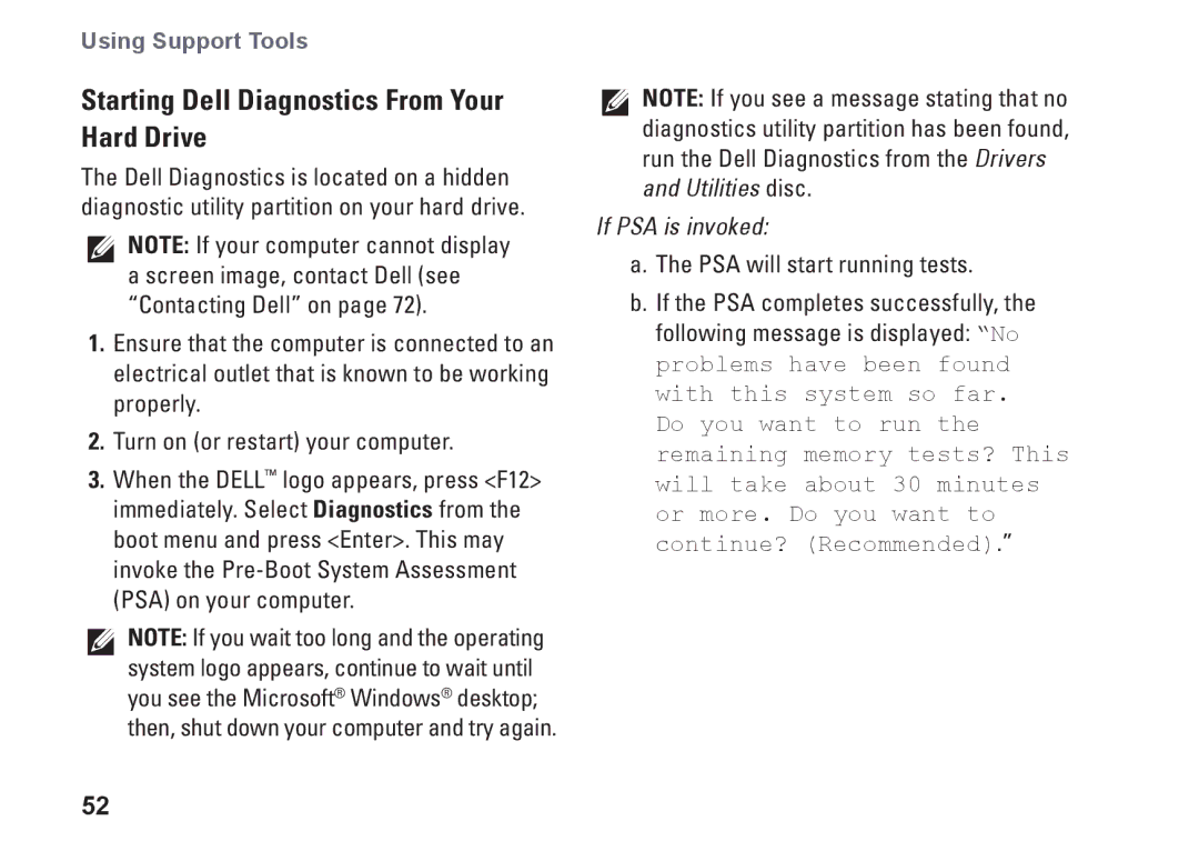 Dell P07G series, C3W6D, P07G002, M4010 setup guide Starting Dell Diagnostics From Your Hard Drive, If PSA is invoked 