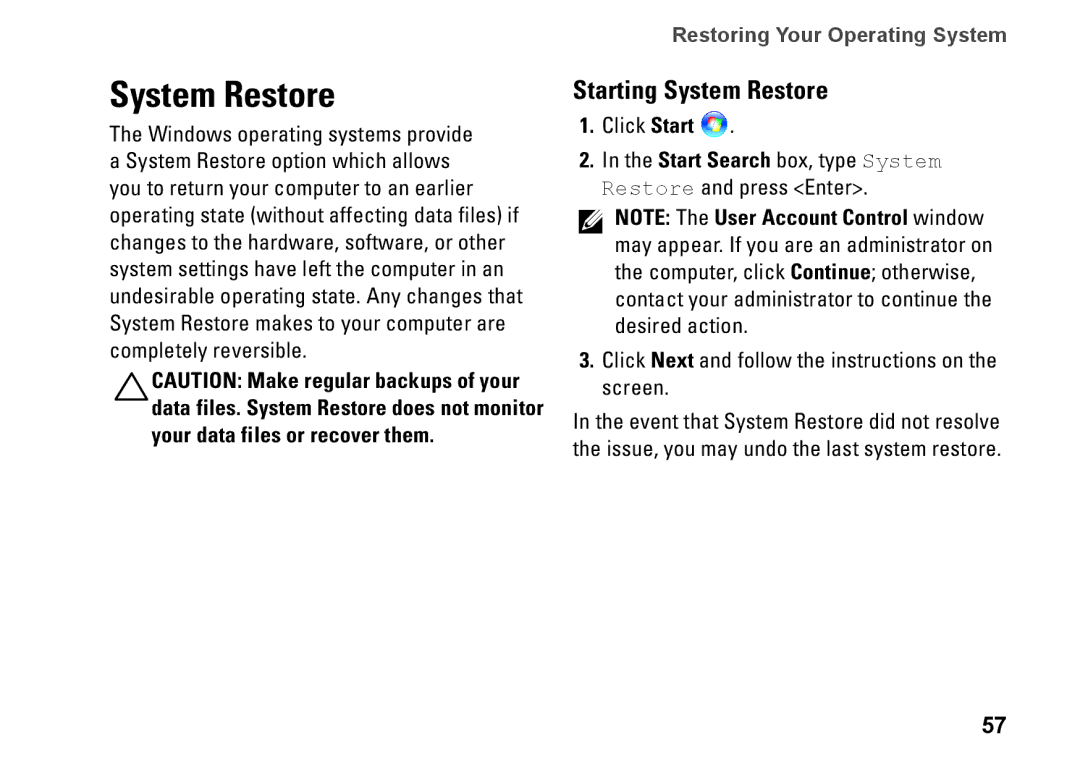 Dell M4010, C3W6D, P07G002, P07G series setup guide Starting System Restore 