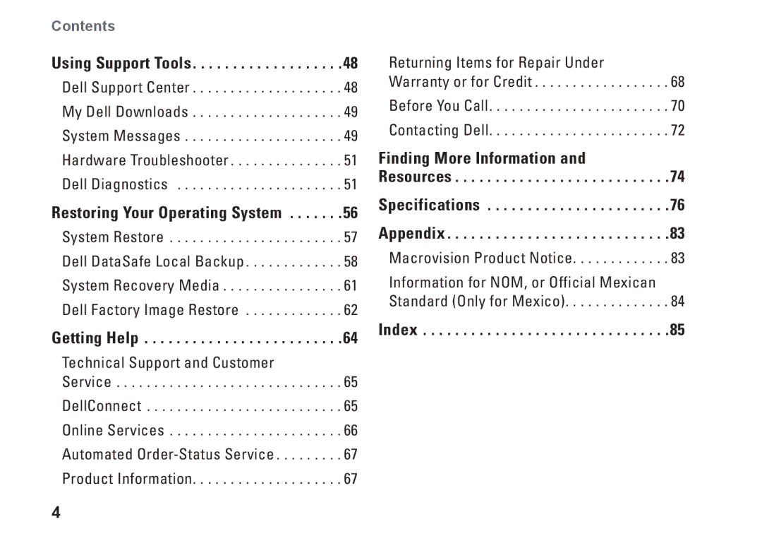 Dell P07G series, C3W6D, P07G002, M4010 setup guide Index 