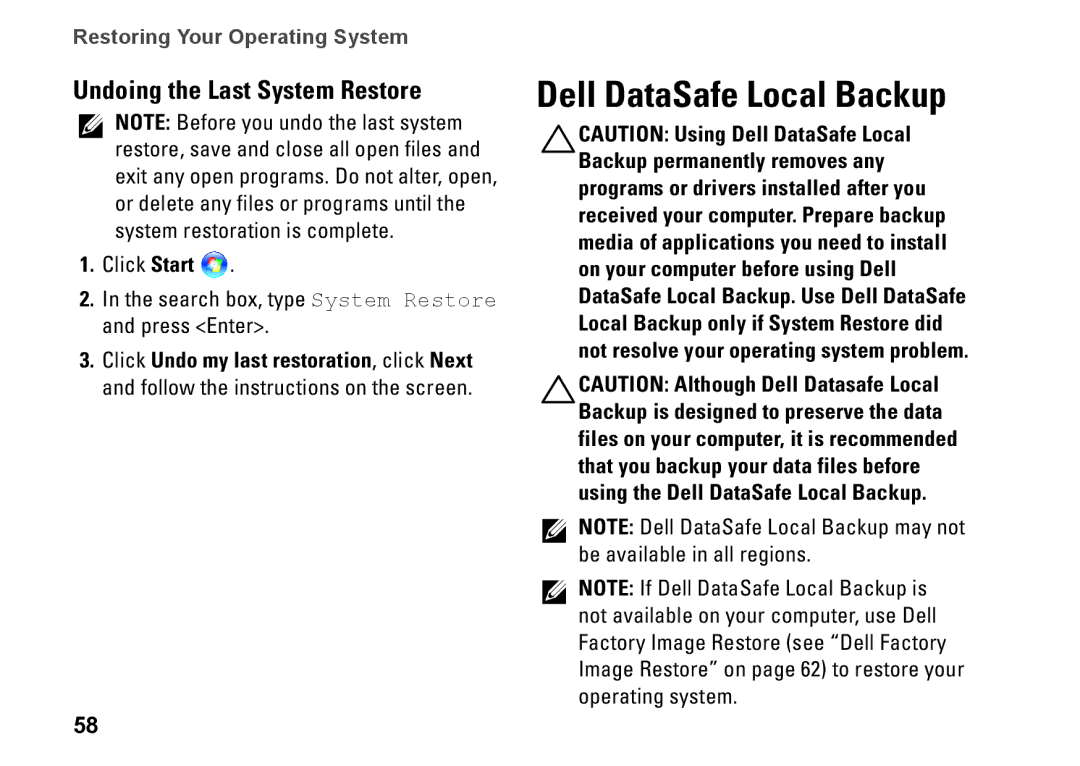 Dell C3W6D, P07G002, P07G series, M4010 setup guide Dell DataSafe Local Backup, Undoing the Last System Restore 