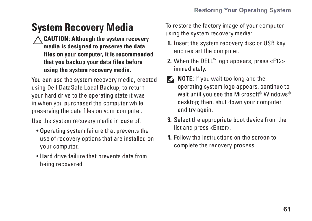 Dell M4010, C3W6D, P07G002, P07G series setup guide System Recovery Media 