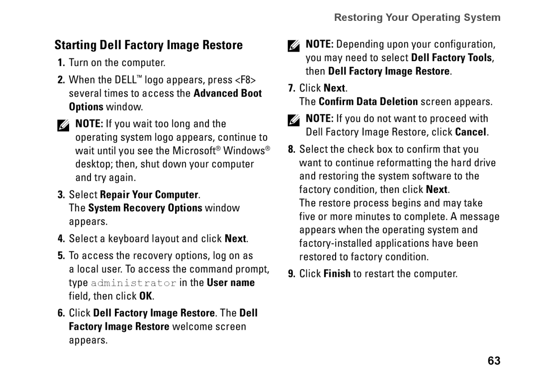 Dell P07G002, C3W6D, P07G series, M4010 setup guide Starting Dell Factory Image Restore, Confirm Data Deletion screen appears 