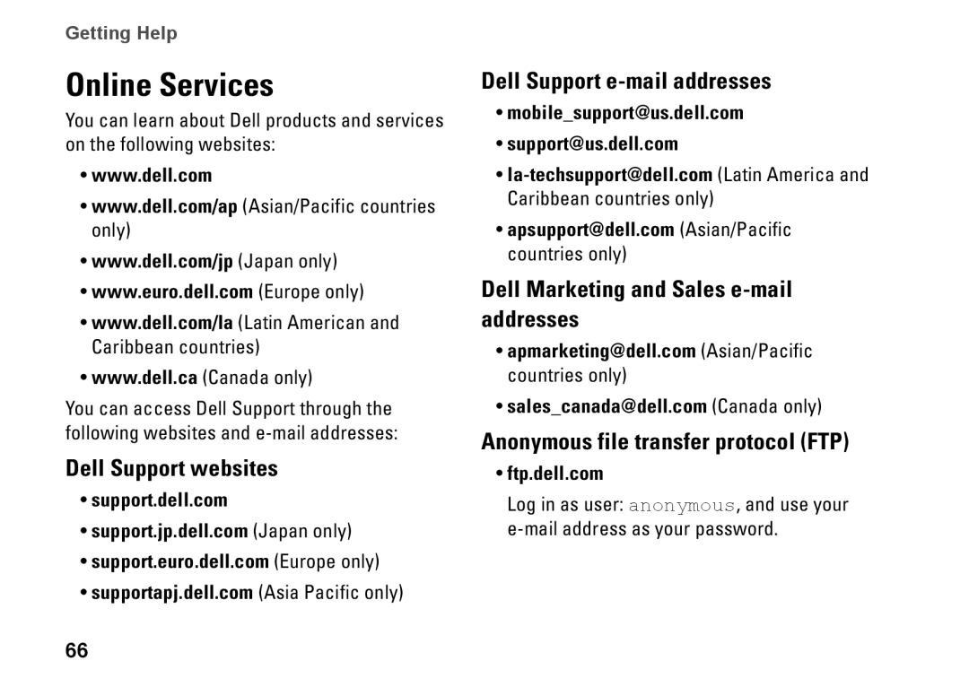 Dell C3W6D, P07G002, P07G series, M4010 setup guide Online Services, Dell Support websites, Dell Support e-mail addresses 