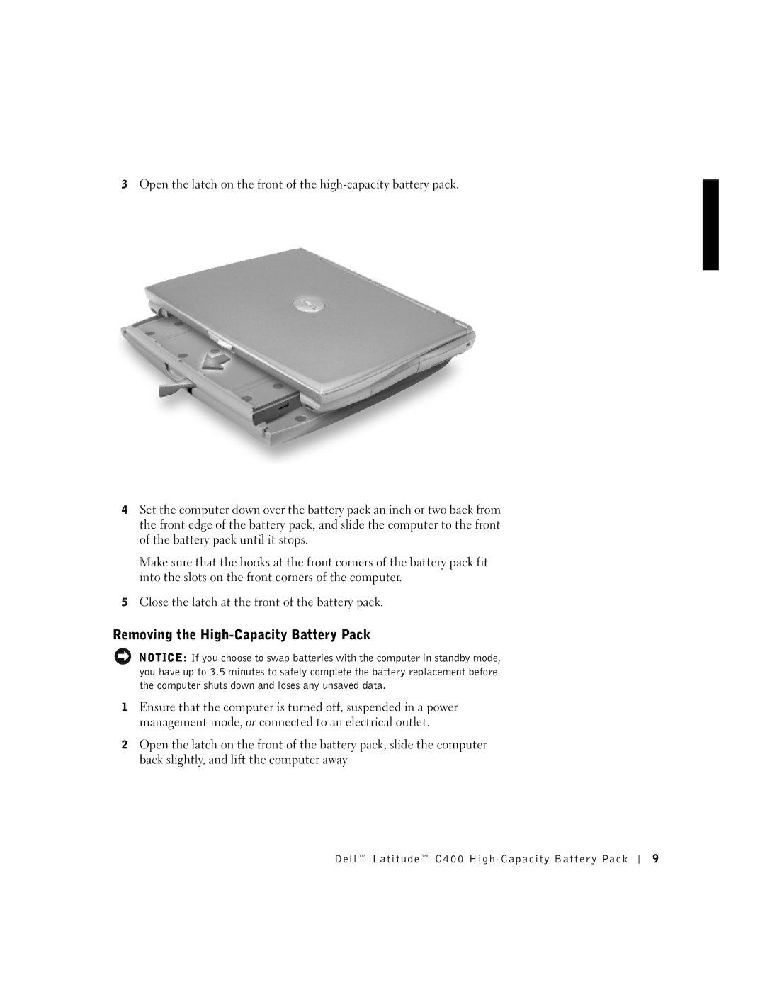 Dell C400 manual Removing the High-Capacity Battery Pack 