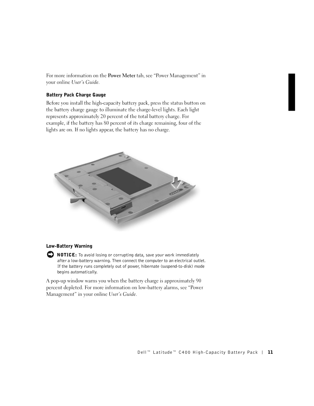 Dell C400 manual Battery Pack Charge Gauge, Low-Battery Warning 