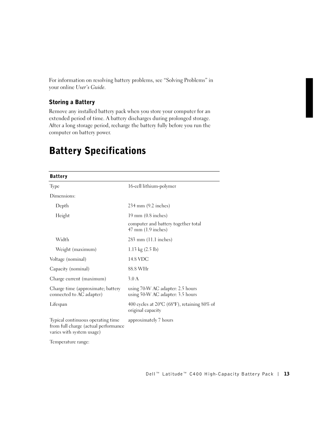 Dell C400 manual Battery Specifications, Storing a Battery 