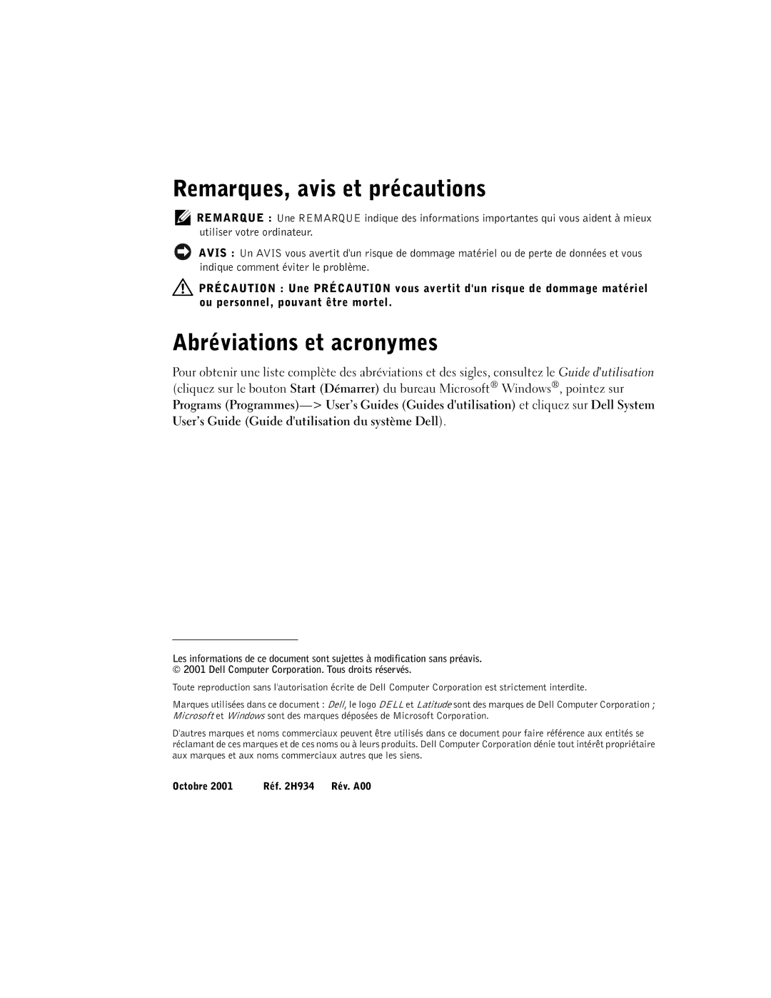 Dell C400 manual Remarques, avis et précautions, Abréviations et acronymes 