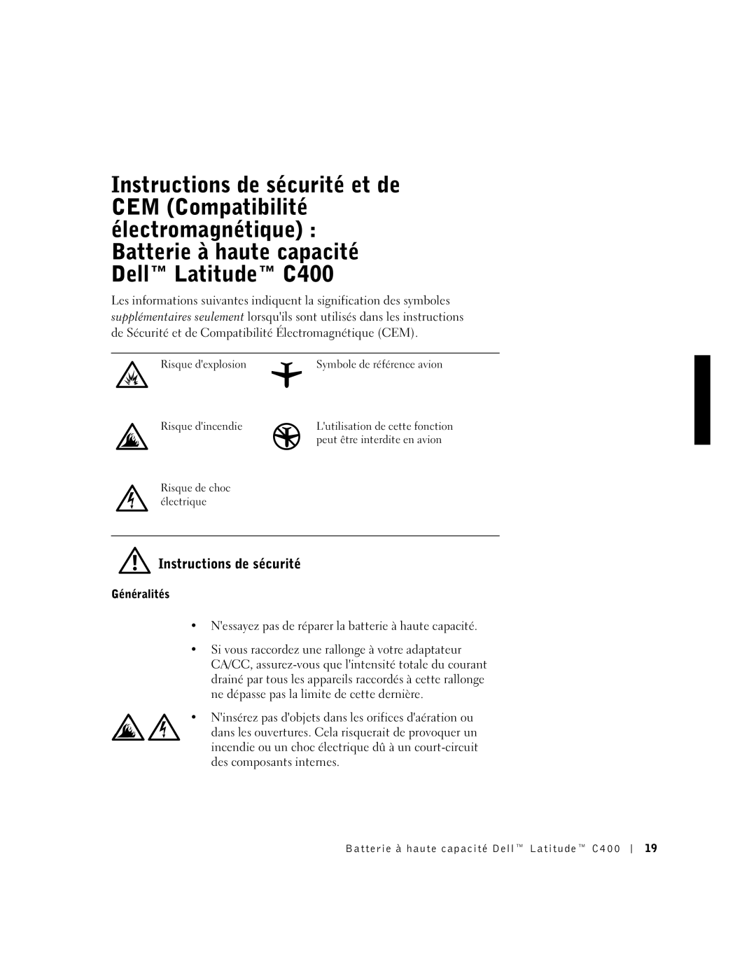 Dell C400 manual Instructions de sécurité, Généralités 