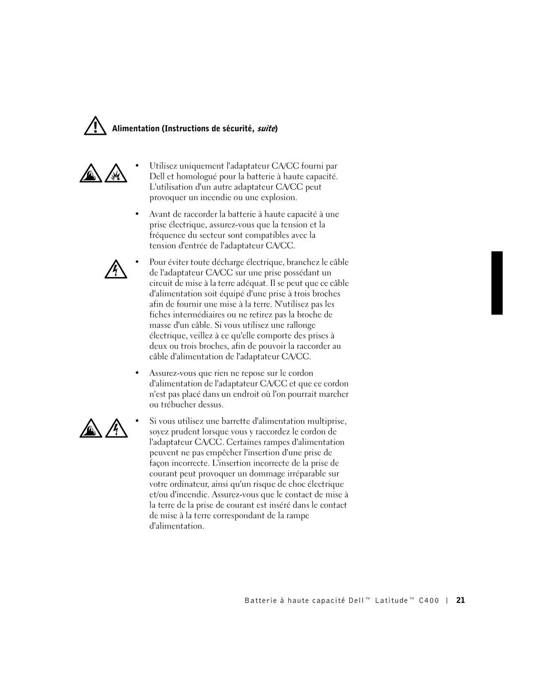 Dell C400 manual Alimentation Instructions de sécurité, suite 