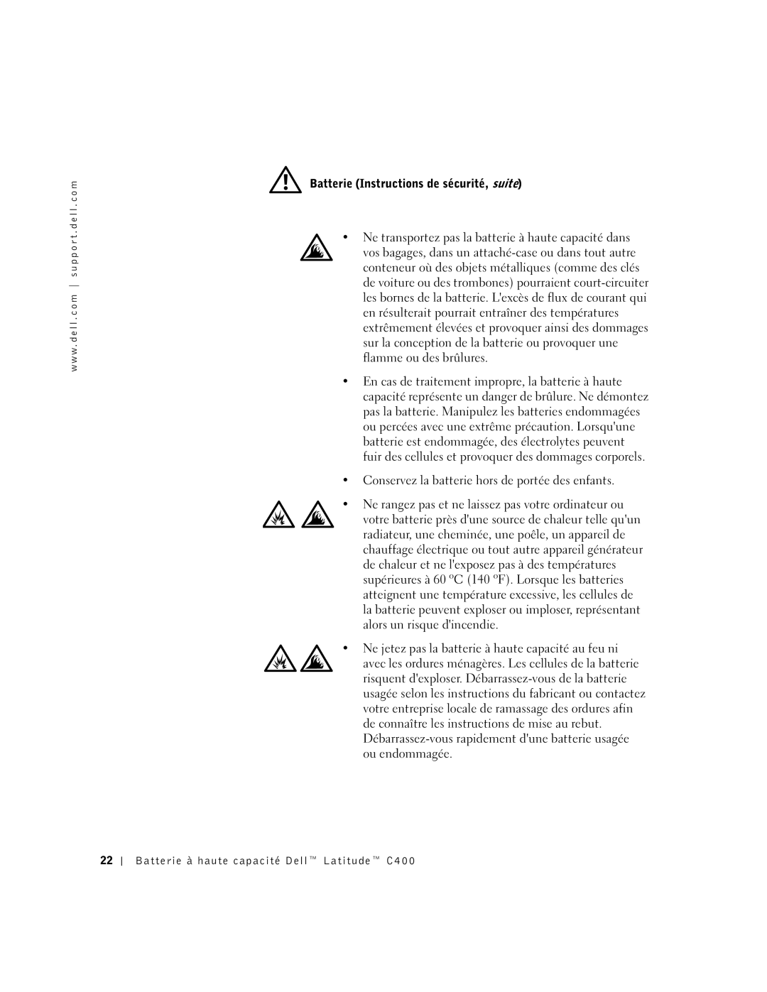 Dell C400 manual Batterie Instructions de sécurité, suite 