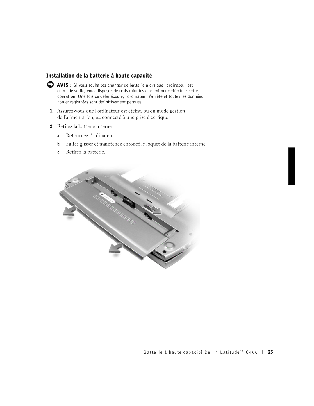 Dell C400 manual Installation de la batterie à haute capacité 