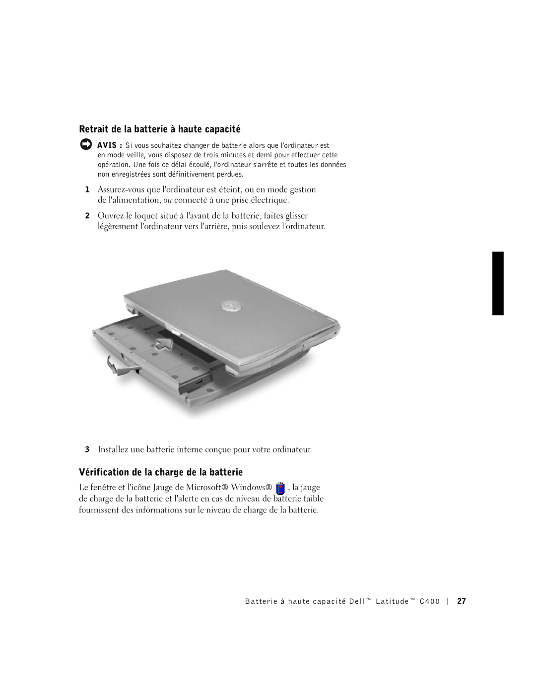 Dell C400 manual Retrait de la batterie à haute capacité, Vérification de la charge de la batterie 