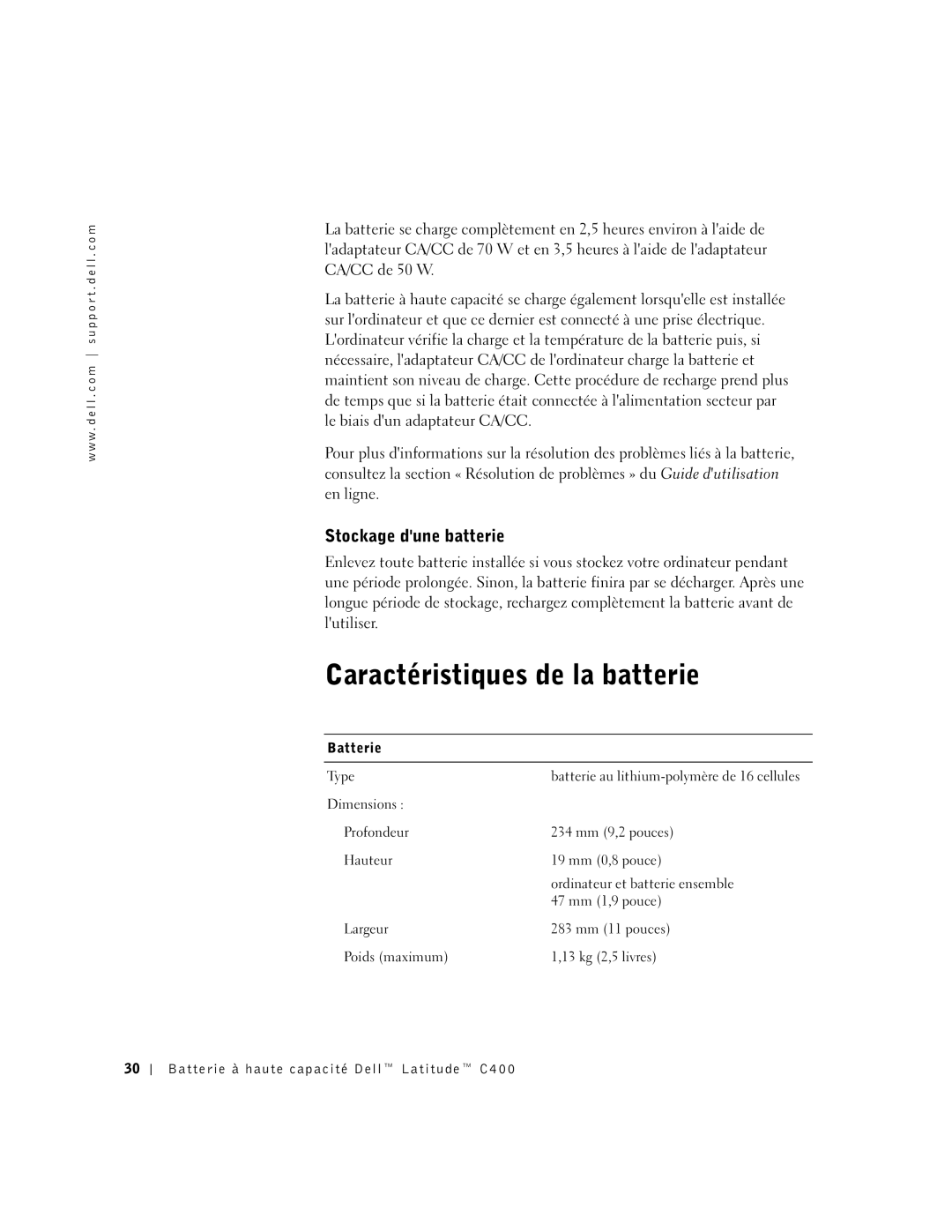 Dell C400 manual Caractéristiques de la batterie, Stockage dune batterie 
