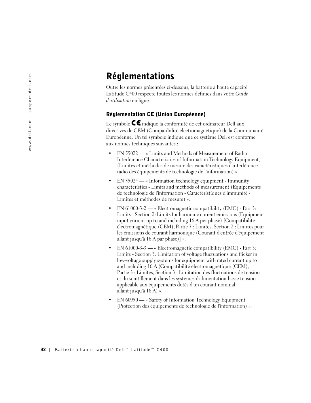 Dell C400 manual Réglementations, Réglementation CE Union Européenne 