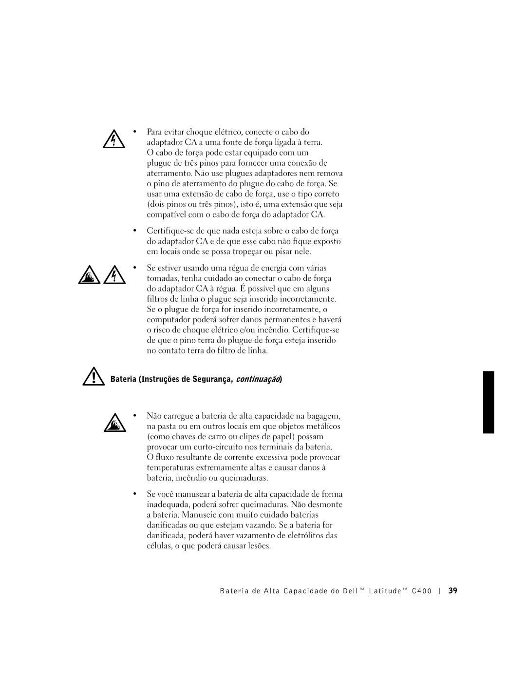 Dell C400 manual Bateria Instruções de Segurança, continuação 