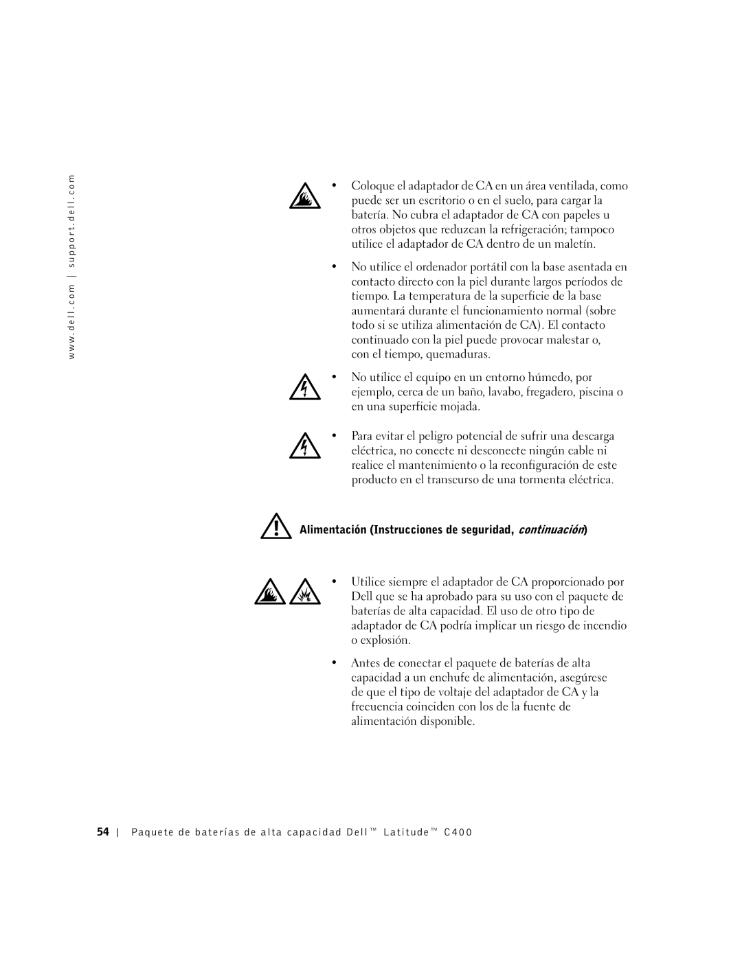 Dell C400 manual Alimentación Instrucciones de seguridad, continuación 