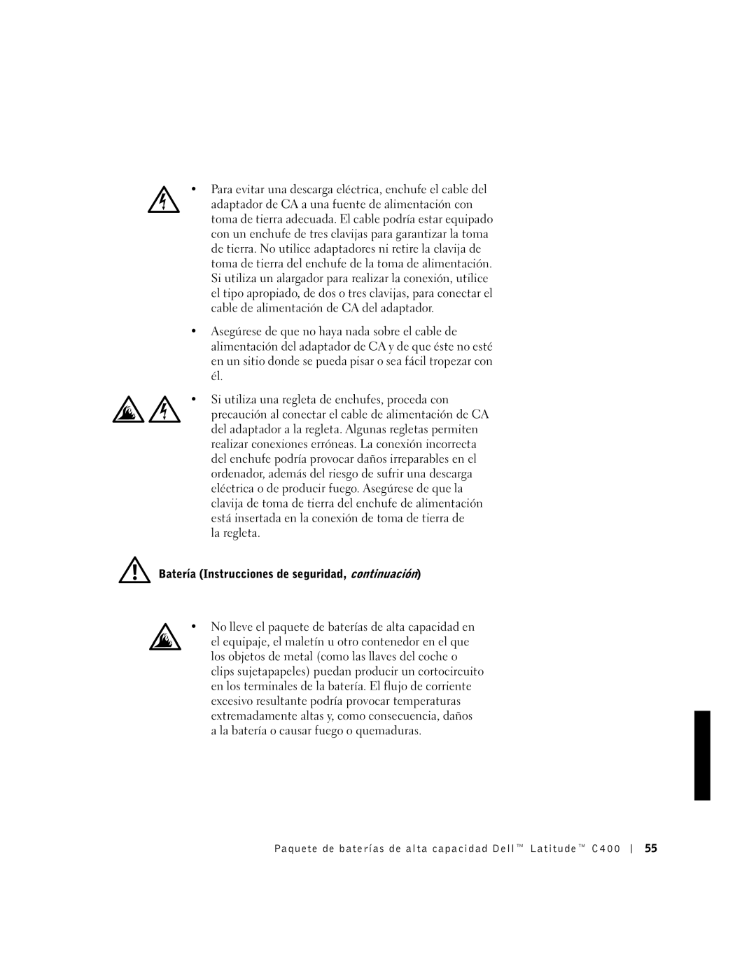 Dell C400 manual Batería Instrucciones de seguridad, continuación 