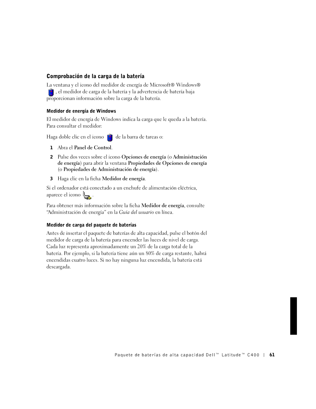 Dell C400 Comprobación de la carga de la batería, Medidor de energía de Windows, Medidor de carga del paquete de baterías 