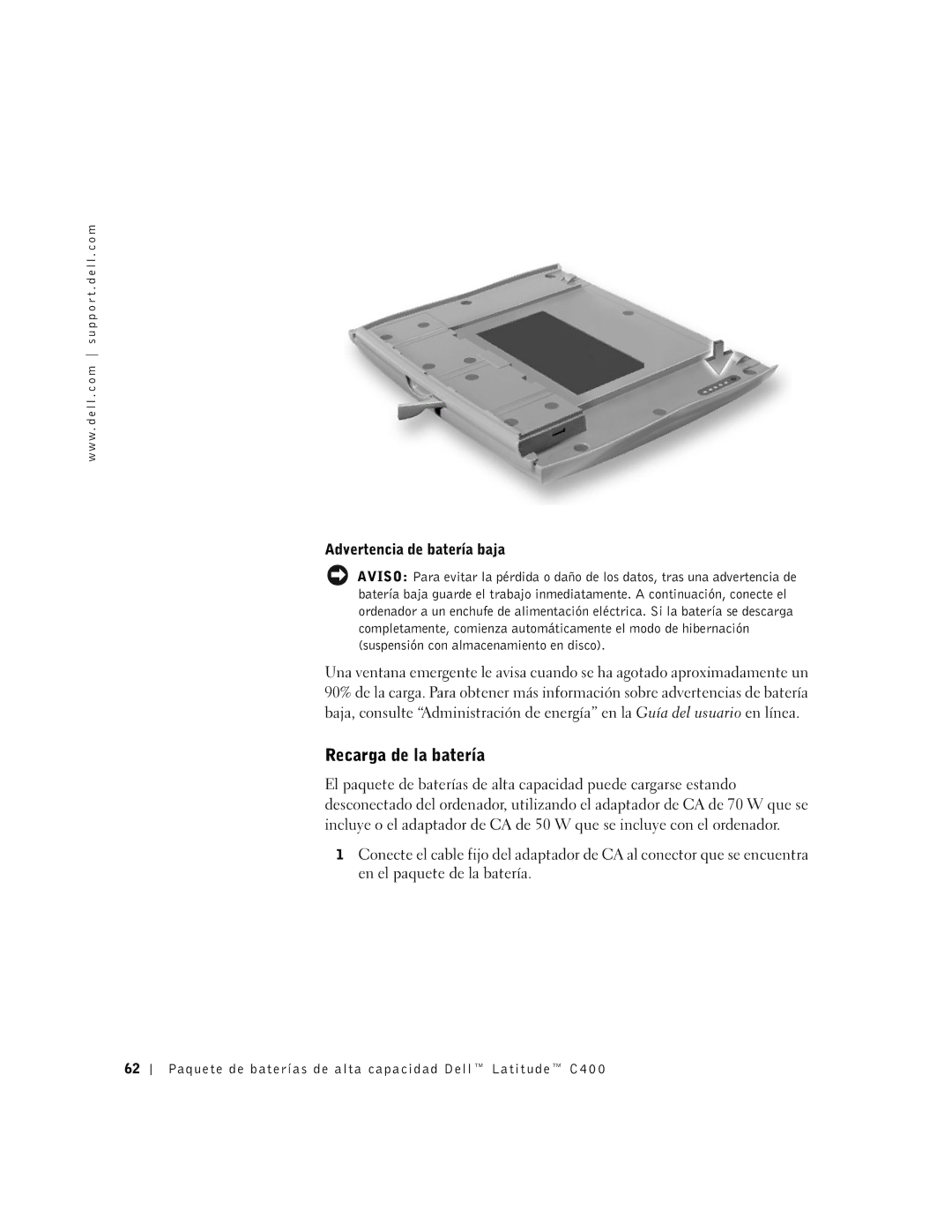 Dell C400 manual Recarga de la batería, Advertencia de batería baja 