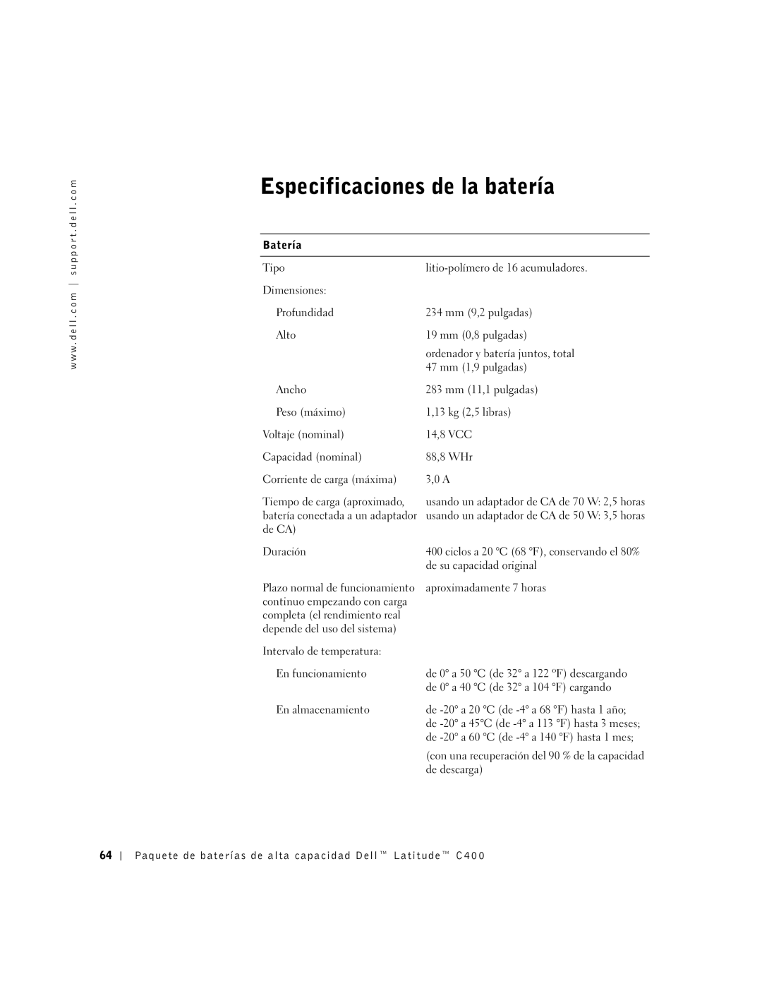 Dell C400 manual Especificaciones de la batería, En almacenamiento 