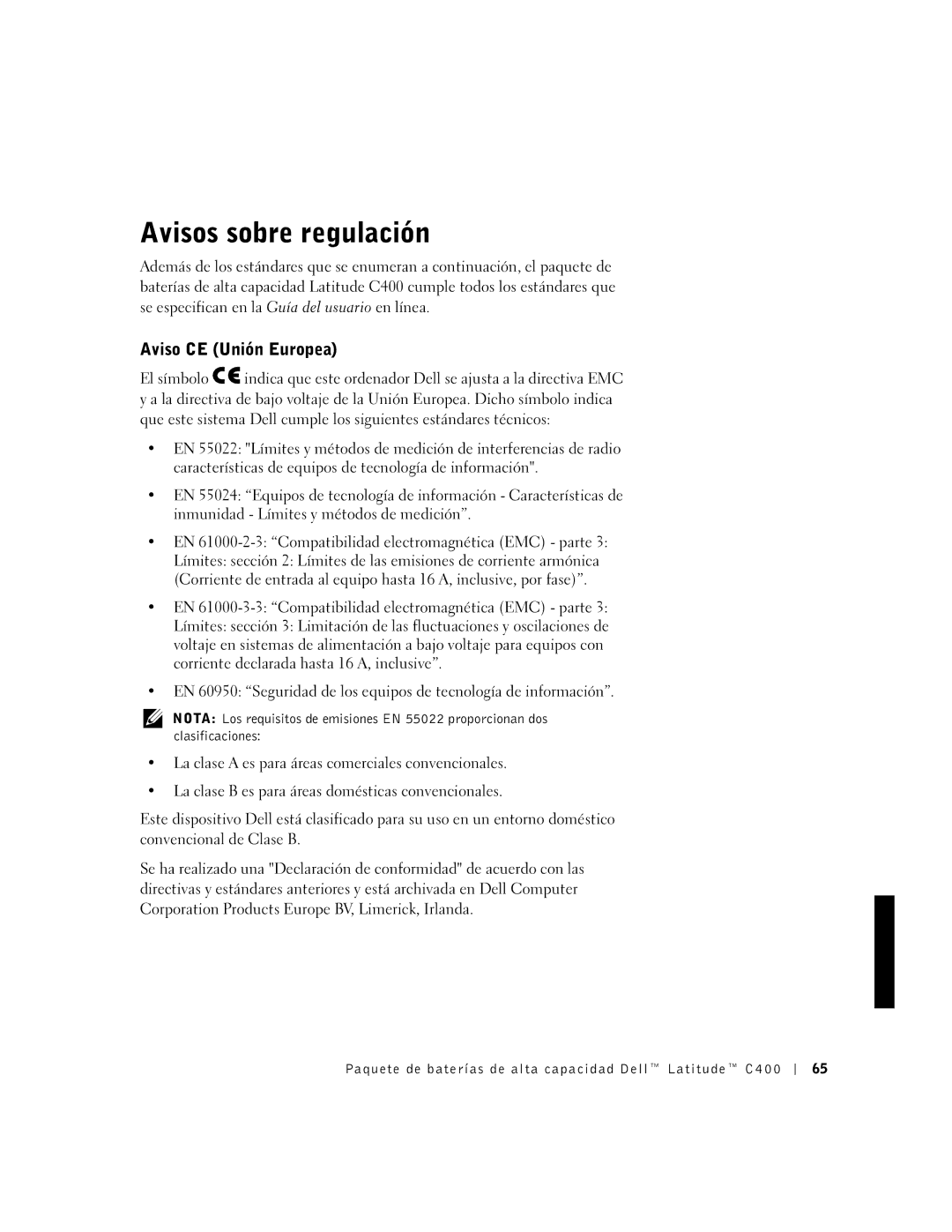 Dell C400 manual Avisos sobre regulación, Aviso CE Unión Europea 