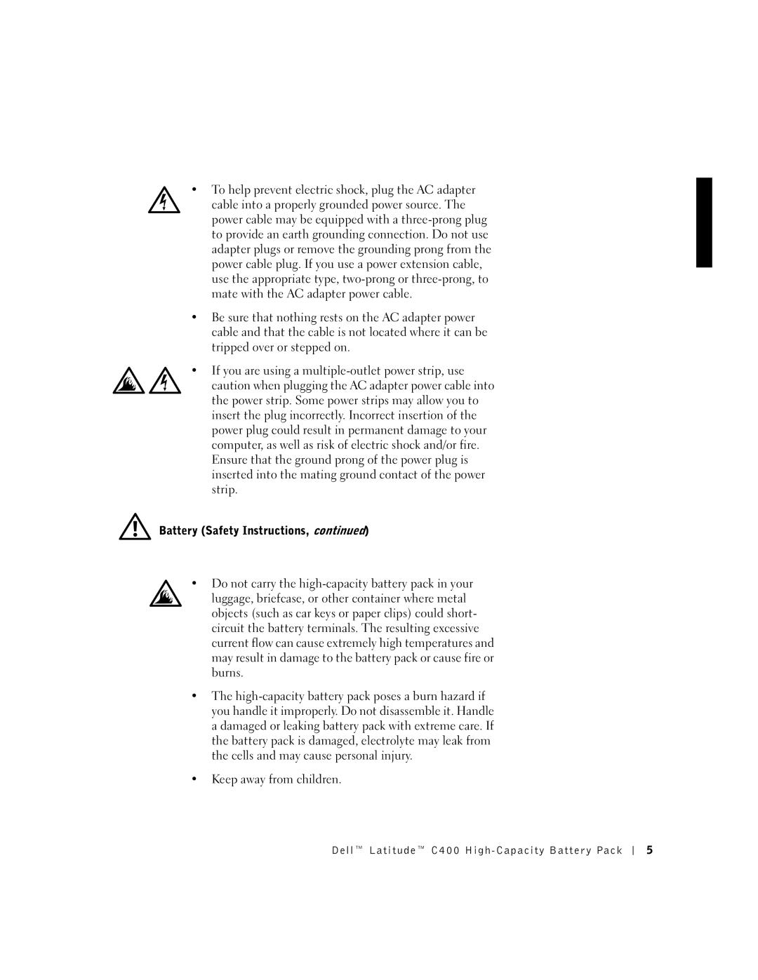 Dell C400 manual Battery Safety Instructions 