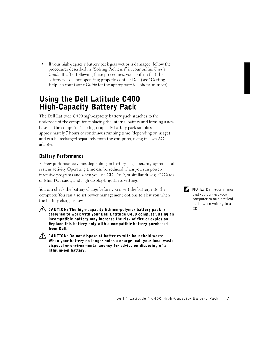 Dell manual Using the Dell Latitude C400 High-Capacity Battery Pack, Battery Performance 