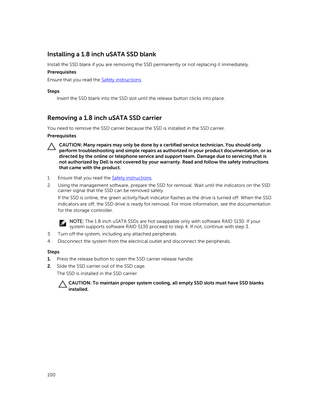 Dell C4130 owner manual Installing a 1.8 inch uSATA SSD blank, Removing a 1.8 inch uSATA SSD carrier 