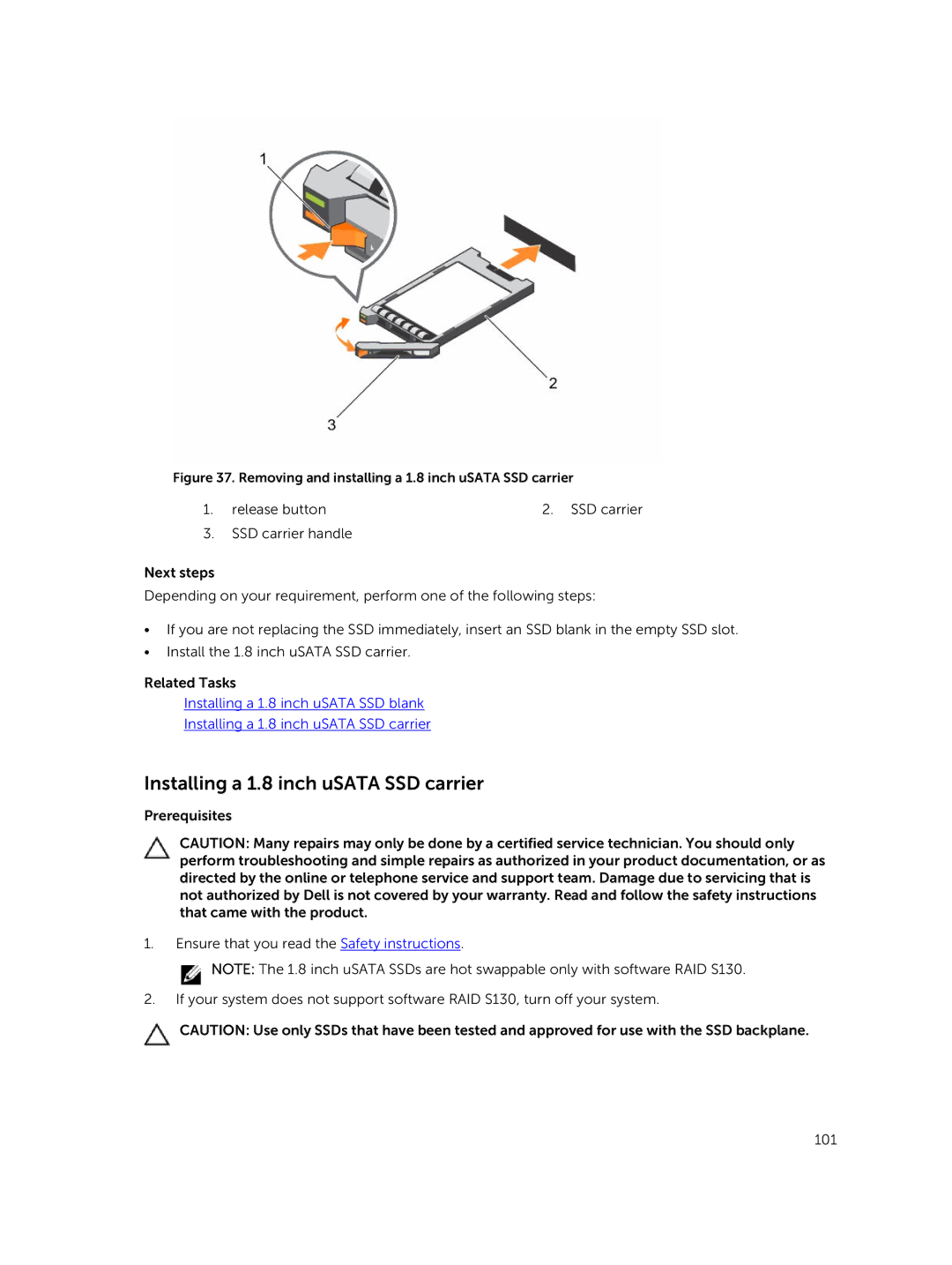 Dell C4130 owner manual Installing a 1.8 inch uSATA SSD carrier, Removing and installing a 1.8 inch uSATA SSD carrier 