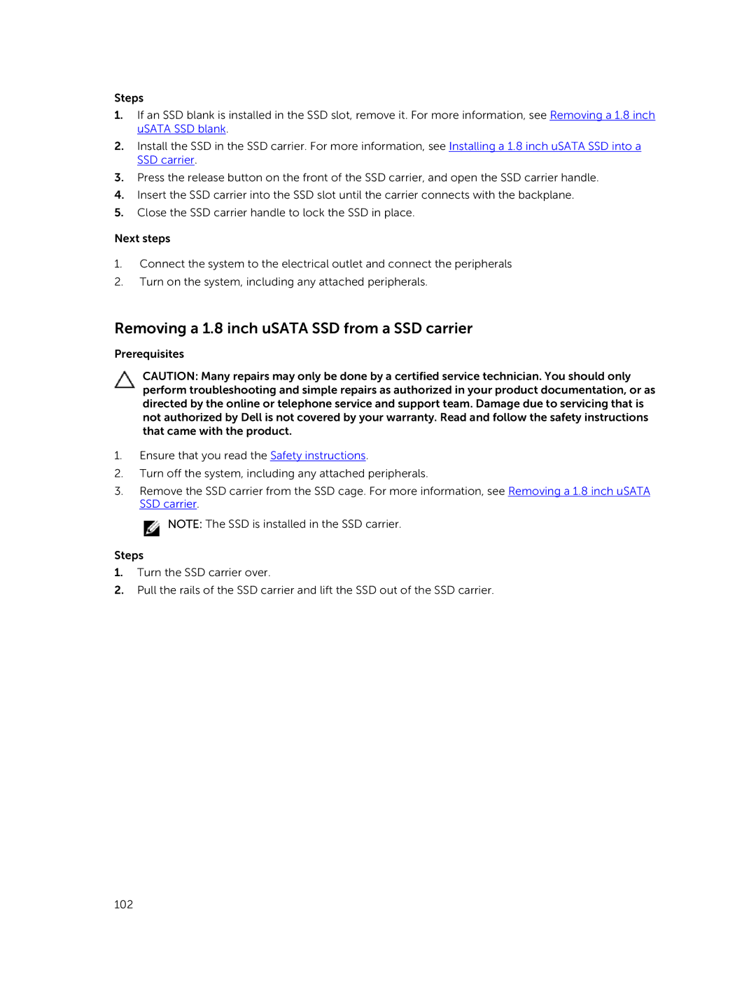 Dell C4130 owner manual Removing a 1.8 inch uSATA SSD from a SSD carrier 