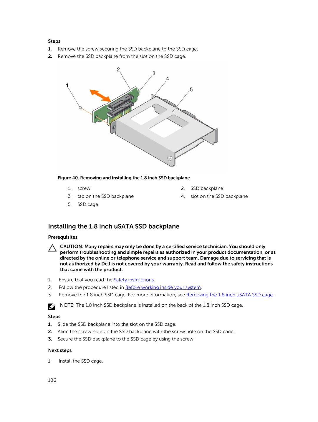 Dell C4130 owner manual Installing the 1.8 inch uSATA SSD backplane, Removing and installing the 1.8 inch SSD backplane 