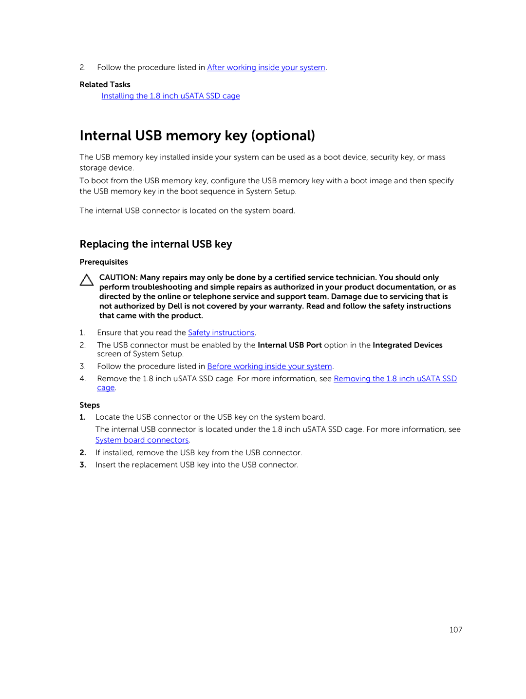 Dell C4130 owner manual Internal USB memory key optional, Replacing the internal USB key 