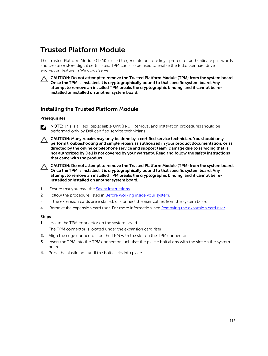 Dell C4130 owner manual Installing the Trusted Platform Module 