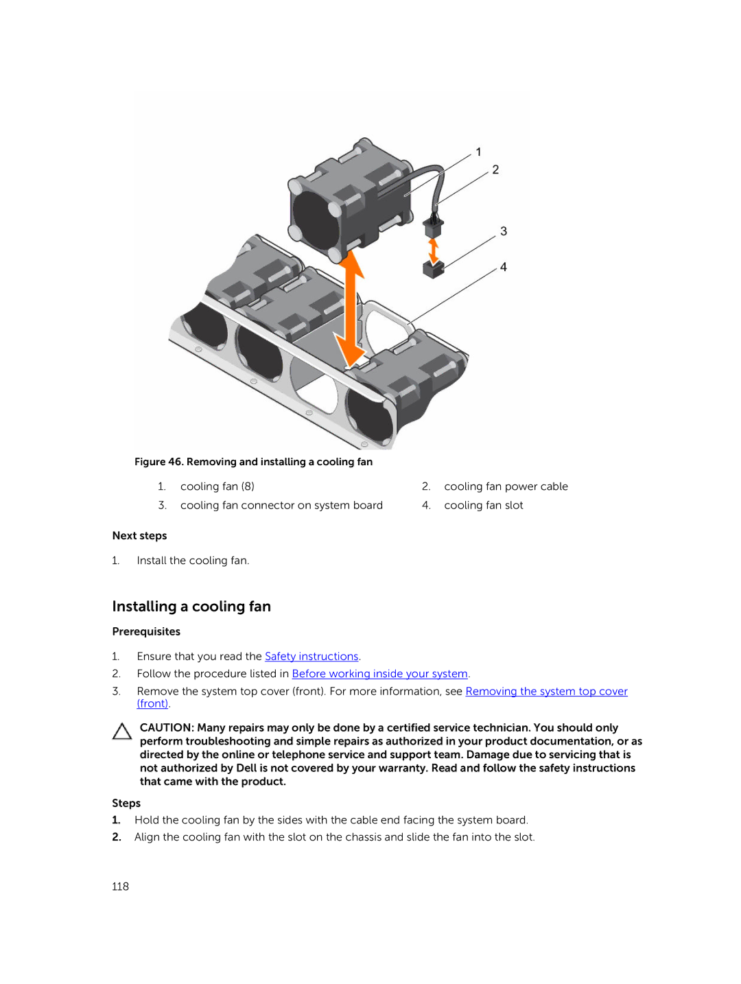 Dell C4130 owner manual Installing a cooling fan, Removing and installing a cooling fan 