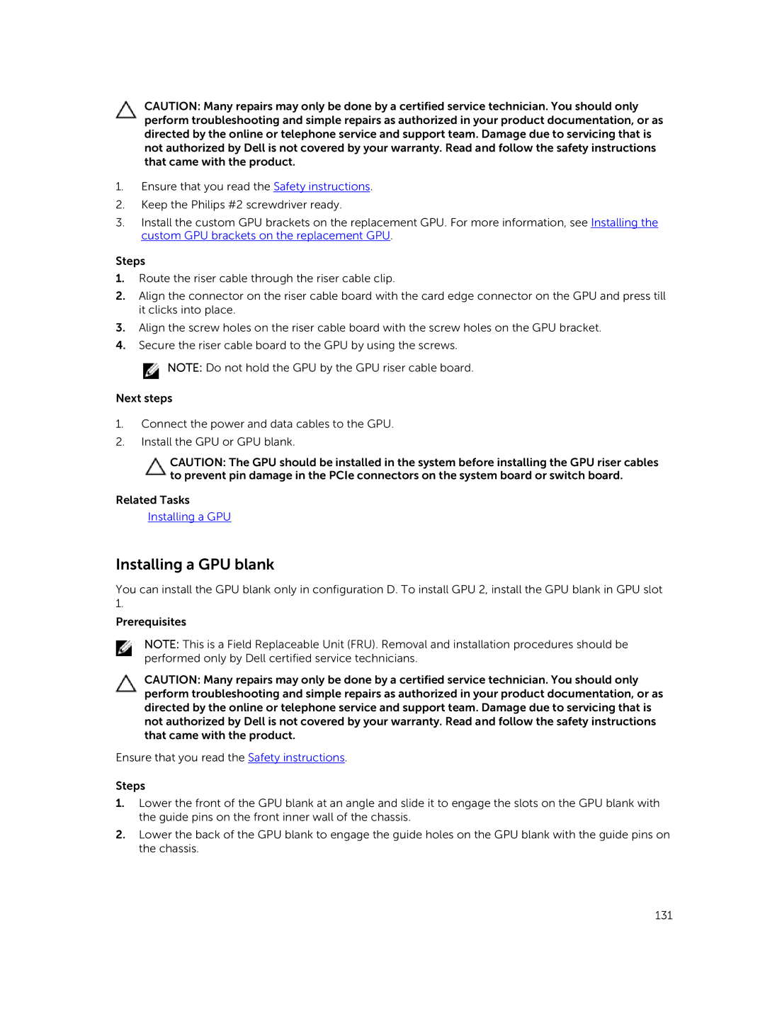 Dell C4130 owner manual Installing a GPU blank 