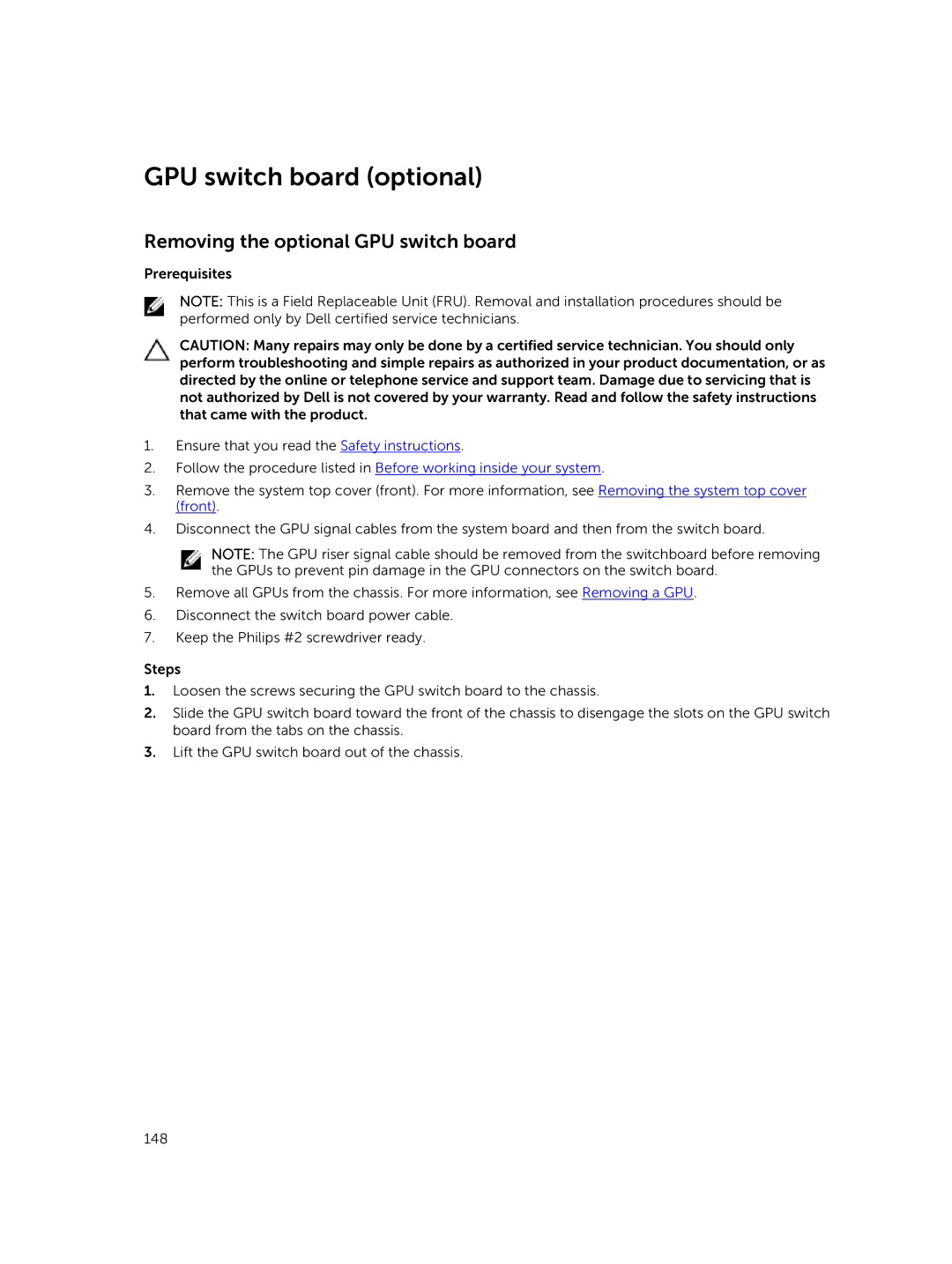 Dell C4130 owner manual GPU switch board optional, Removing the optional GPU switch board 