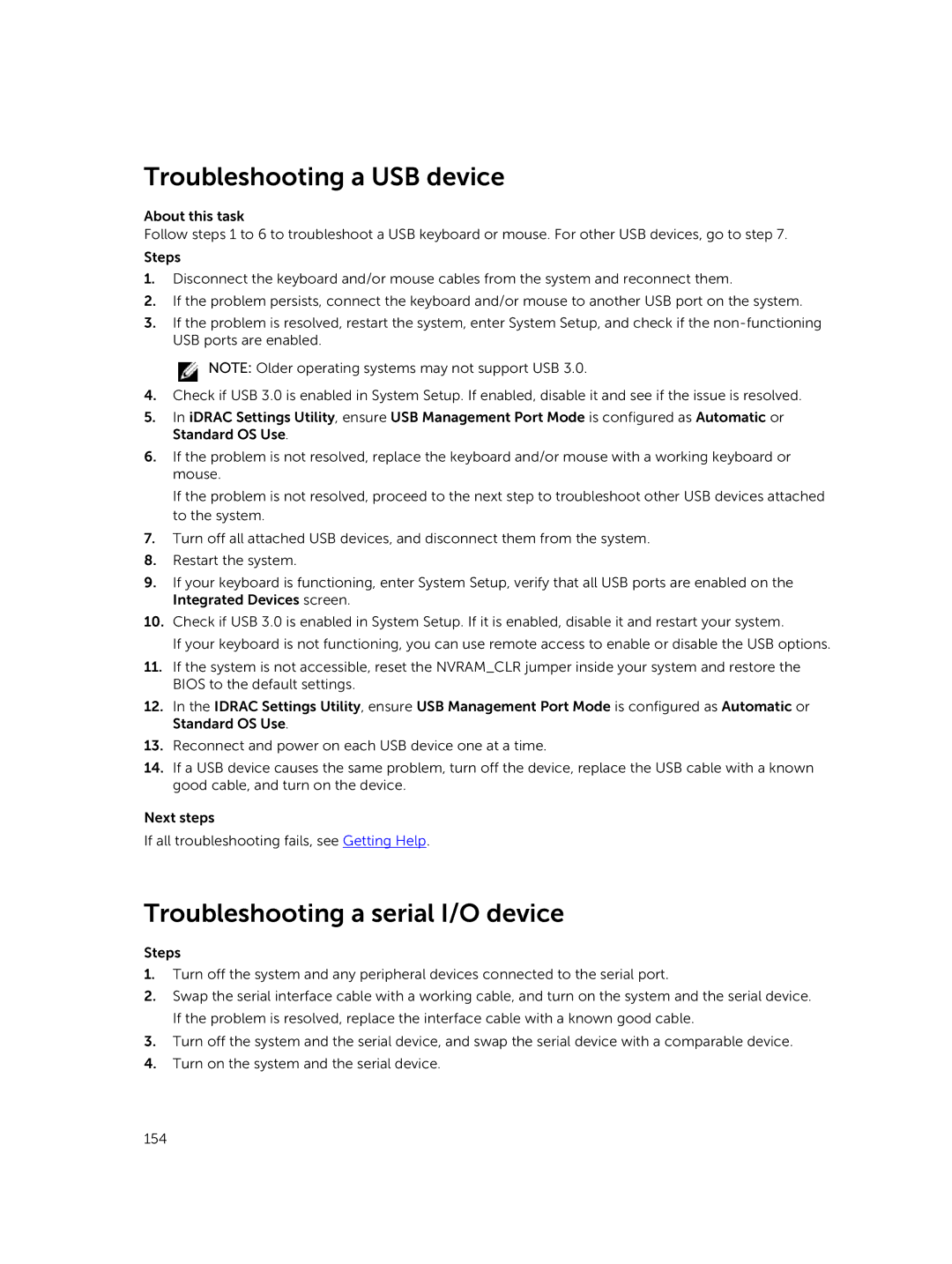 Dell C4130 owner manual Troubleshooting a USB device, Troubleshooting a serial I/O device 